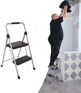 Topfun Folding 2 Step Ladder Lightweight Steel Step Stool Sturdy Anti-Slip Wide Platform with PVC Handgrip Easy-to-Carry Ladder Fully Assembled Multi-Use Ladder for Home and Office (2 Step)