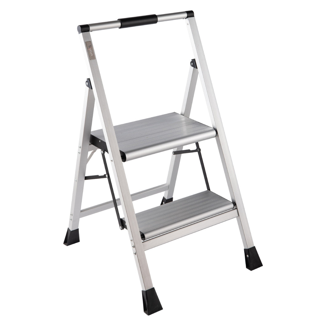 Topfun New 2 Step Ladder, Lightweight Aluminum Folding Step Stool, Non-Slip Wide Platform, 225lbs Capacity, Fully Assembled Multi-Use for Household Office Ultra-Light Sturdy Two-Step Ladder