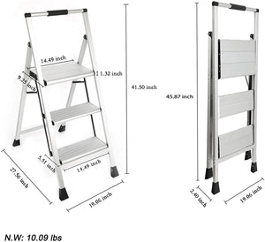 Topfun 3 Step Ladder, Lightweight Aluminum Folding Step Stool, Multi-Use Non-Slip Wide Platform Ultra-Light Sturdy Ladder, 225lbs Capacity, Fully Assembled for Household and Office