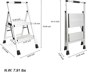 Topfun 2 Step Ladder, Lightweight Aluminum Folding Step Stool, Non-Slip Wide Platform, 225lbs Capacity, Fully Assembled Multi-Use for Household Office Ultra-Light Sturdy Two-Step Ladder