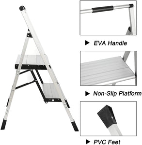 Topfun 2 Step Ladder, Lightweight Aluminum Folding Step Stool, Non-Slip Wide Platform, 225lbs Capacity, Fully Assembled Multi-Use for Household Office Ultra-Light Sturdy Two-Step Ladder