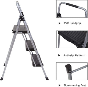 Topfun Folding 3 Step Ladder Lightweight Steel Step Stool Sturdy Anti-Slip Wide Platform with PVC Handgrip Easy-to-Carry Ladder Fully Assembled Multi-Use Ladder for Home and Office (3 Step)